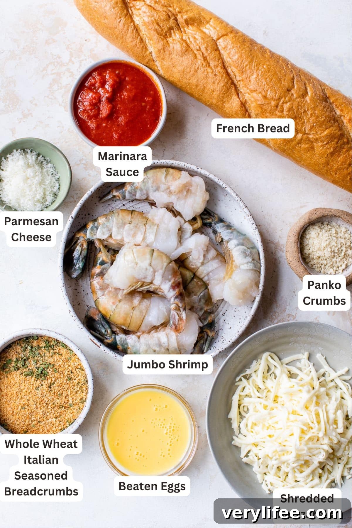 Ingredients for Baked Shrimp Parmesan Hero.