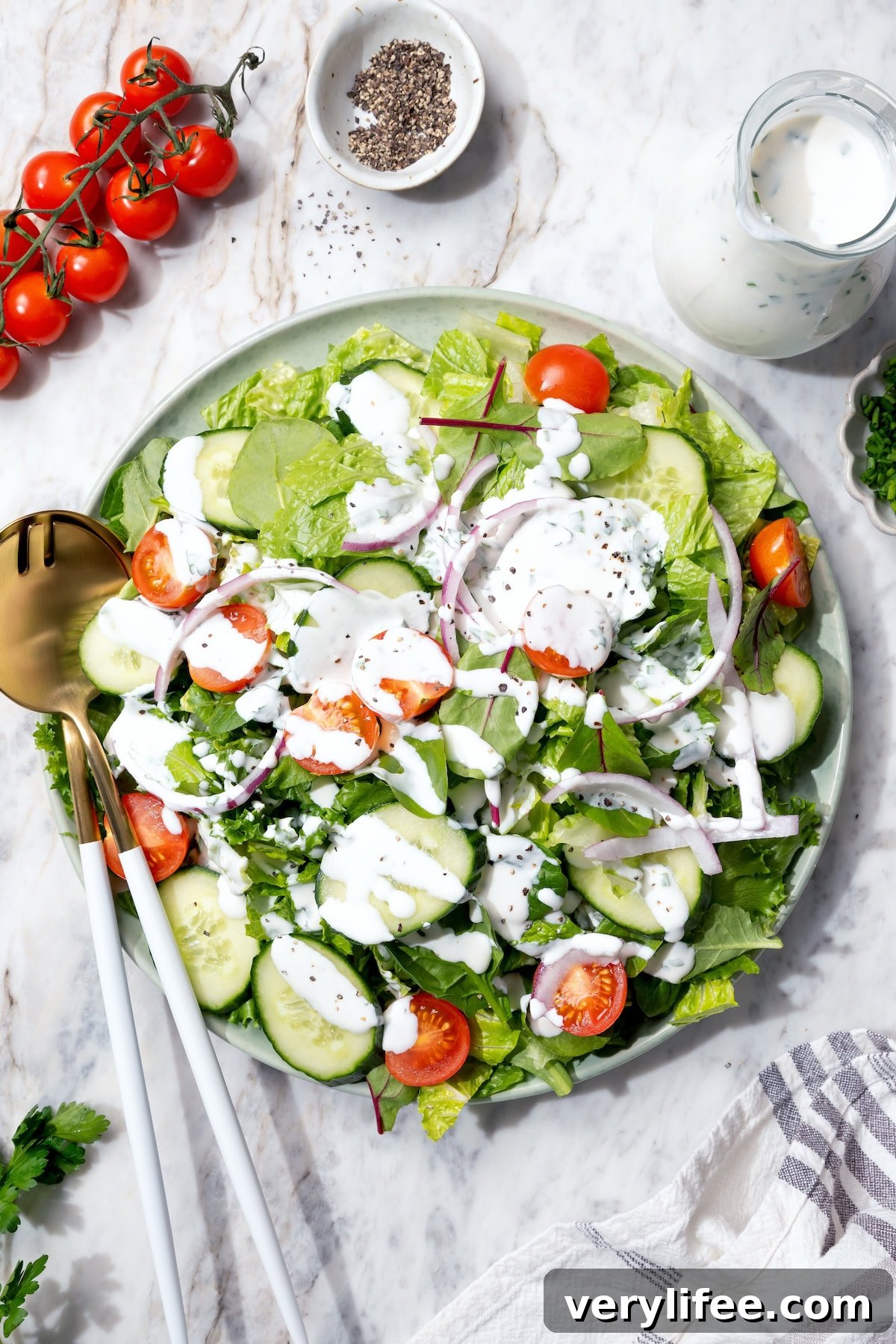 Lighter Buttermilk Ranch Dressing Recipe 8 Buttermilk ranch dressing on garden salad.