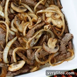 served quick skillet steak with onions and mushrooms