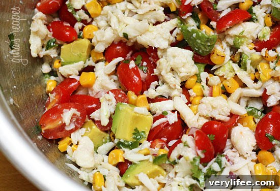 Serving suggestion for the crab and corn salad, plated and ready to eat.