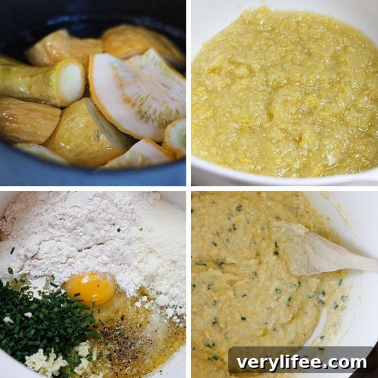Crispy Summer Squash and Chive Pancakes 3 Squash pancakes in skillet