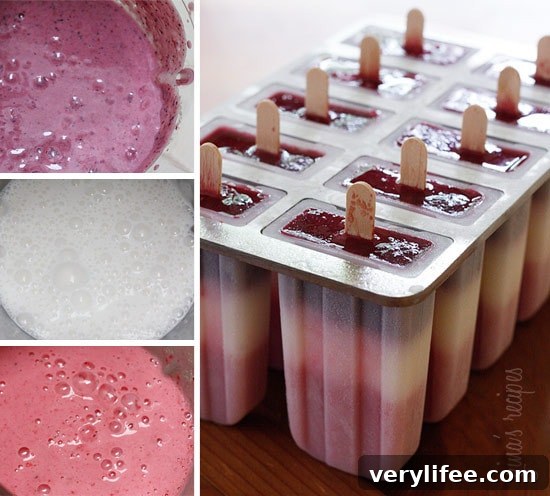 Homemade Mixed Berry Yogurt Popsicles Recipe 3 Three bowls with different colors of liquid berry mixture and a set of popsicle molds with striped berry popsicles