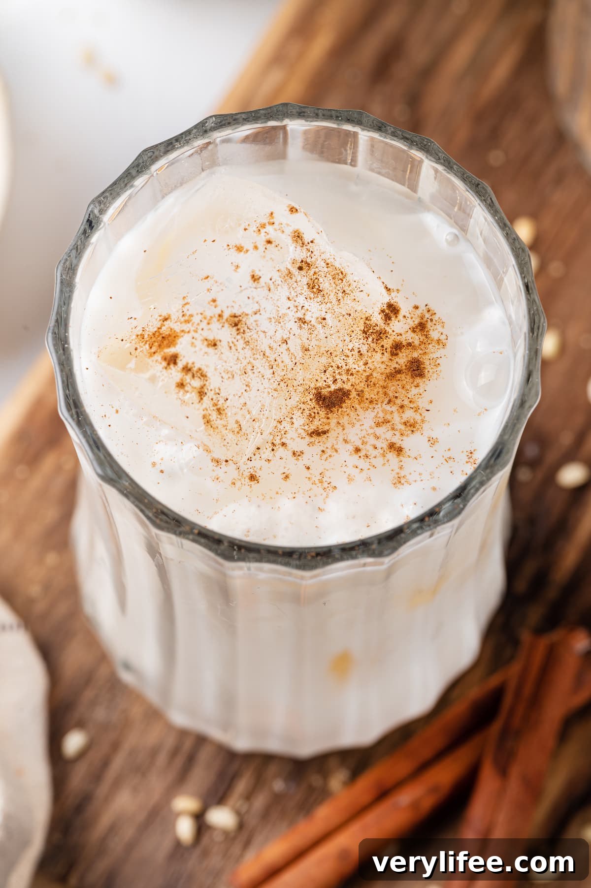 Angled overhead view of a glass of horchata