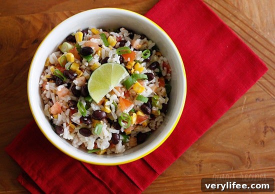 Close-up of Fiesta Lime Rice showing rice, beans and corn