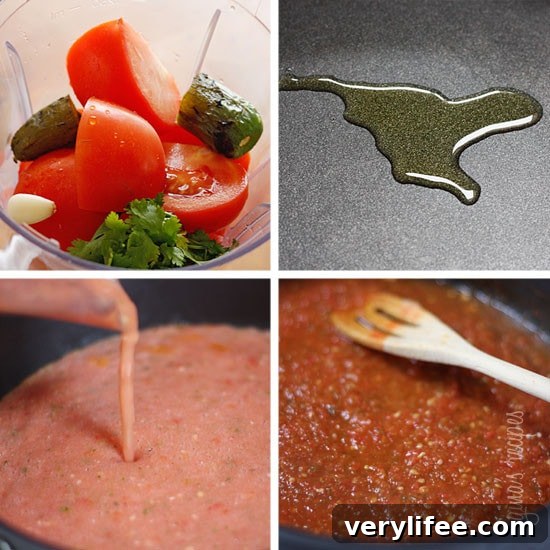 This spicy red salsa is made with fresh tomatoes, roasted jalapeño, garlic and cilantro, pureed in a blender then simmered until the tomatoes deepen in color.