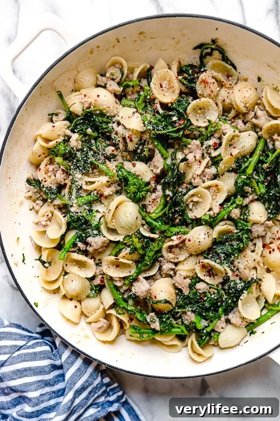 Orecchiette with Sausage and Broccoli Rabe Recipe 2 Orecchiette Pasta with Sausage and Broccoli Rabe uses chicken sausage in place of pork and a whole lot of garlic! This lightened up version will not disappoint!!