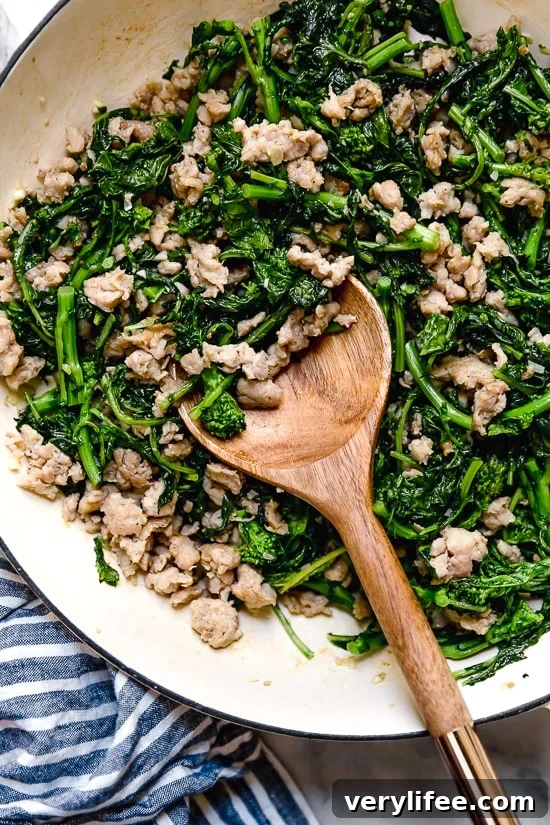 Orecchiette with Sausage and Broccoli Rabe Recipe 5 Orecchiette Pasta with Sausage and Broccoli Rabe uses chicken sausage in place of pork and a whole lot of garlic! This lightened up version will not disappoint!!