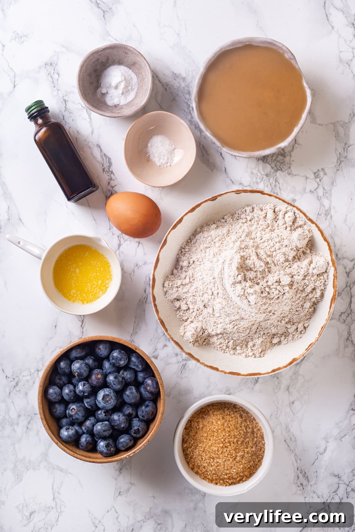 Ingredients for whole wheat blueberry muffins Overhead view of ingredients for blueberry muffin recipe