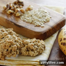 Stack of chewy banana nut oatmeal cookies
