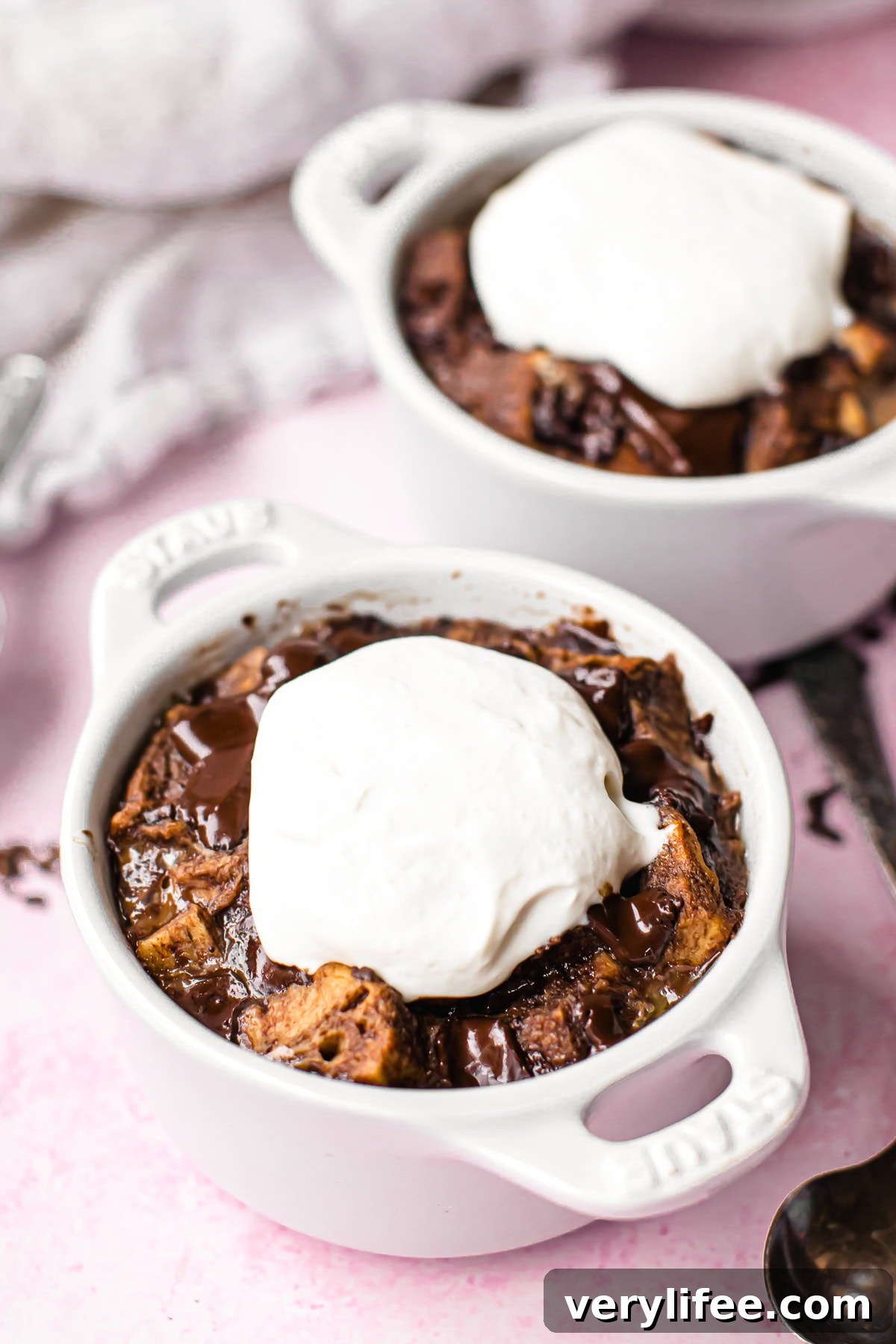 Dark Chocolate Bread Pudding with whipped cream
