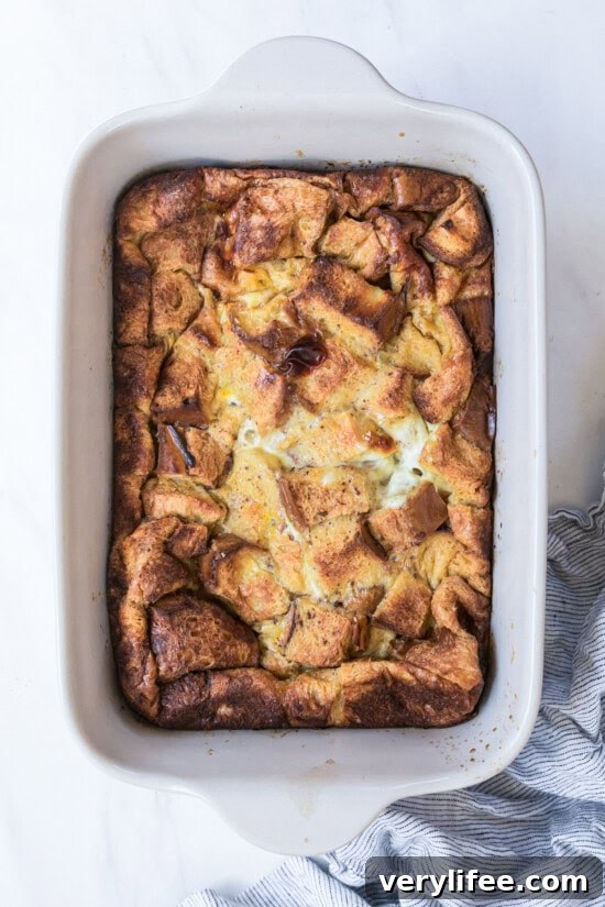 Overhead view of a baked creme brulee French toast casserole.