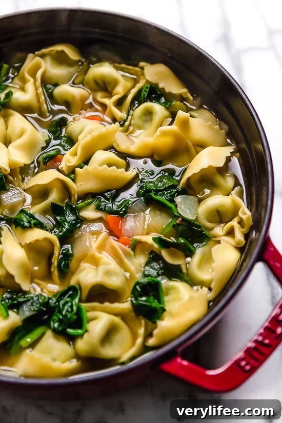 Creamy Spinach Tortellini Soup Recipe 8 Spinach Tortellini en Brodo (in broth) is an Italian soup made with spinach and cheese tortellini and vegetables in a light broth.