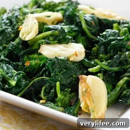 Broccoli Rabe roasted with chunks of garlic and oil and a touch of crushed red pepper flakes.