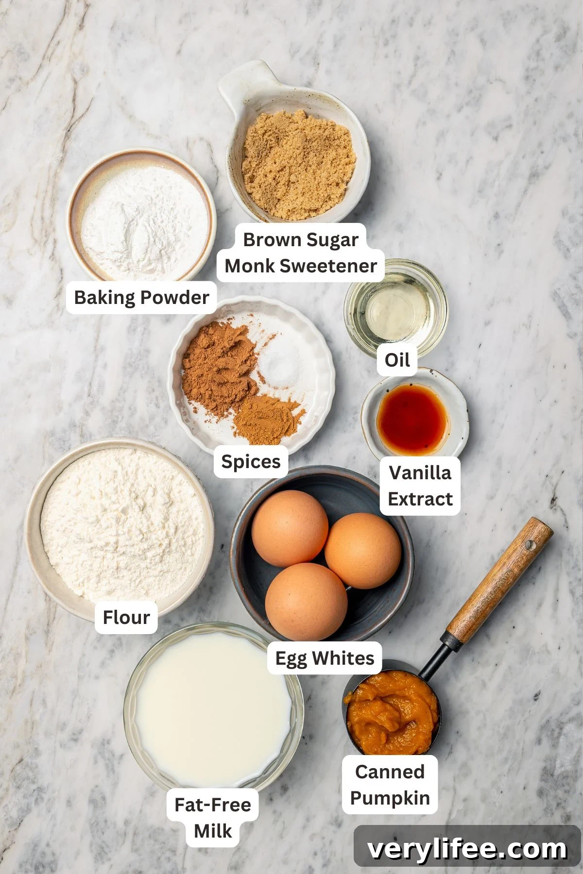 Overhead view of ingredients for pumpkin pancakes