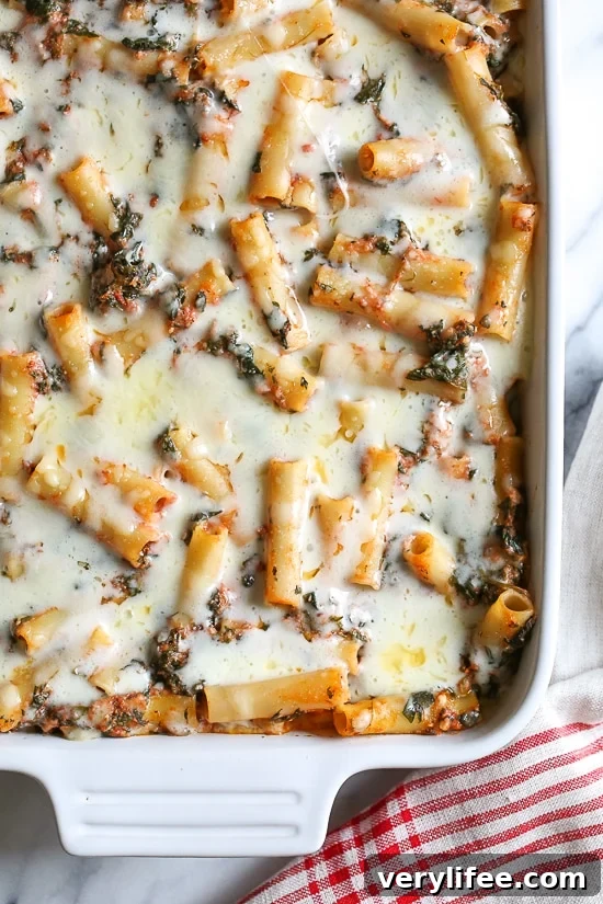 Baked ziti is a favorite comfort dish in my home! Adding spinach is a quick and easy way to get more leafy greens into your family's diet without complaints.