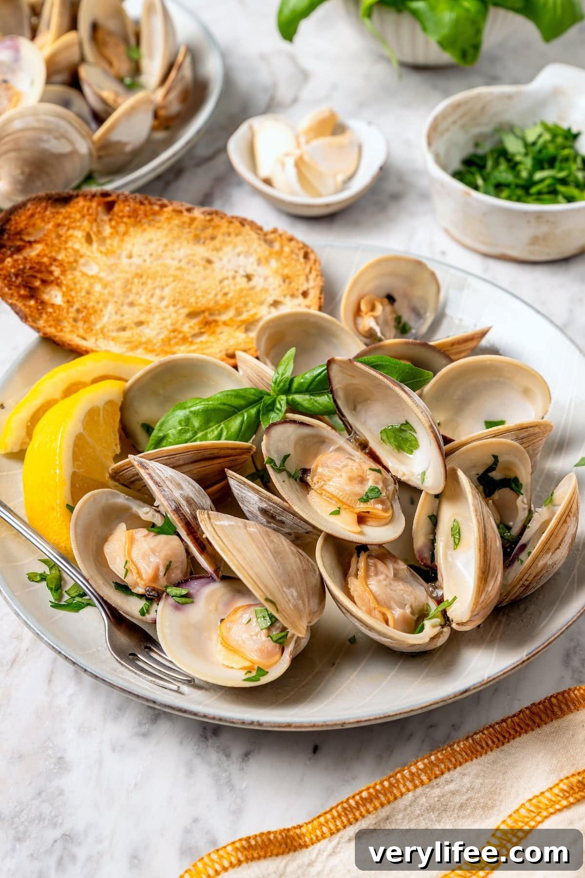 These steamed clams are flavorful and surprisingly easy. With a garlicky white wine broth, they're lighter than the restaurant version too! Plate of steamed clams with basil, lemon wedges, and toast.