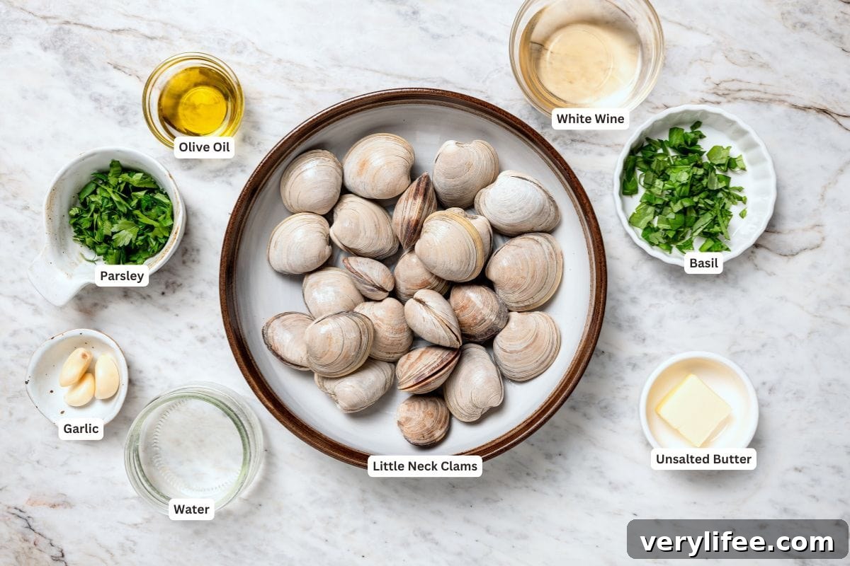Tender Steamed Clams with Garlic and White Wine 4 Ingredients for steamed clams.