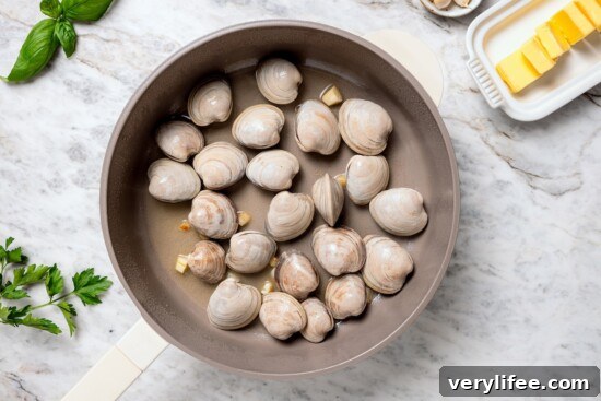 Tender Steamed Clams with Garlic and White Wine 7 Clams in skillet with cooking liquid.