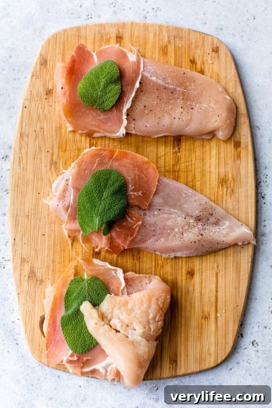 Chicken cutlets topped with proscuitto and sage