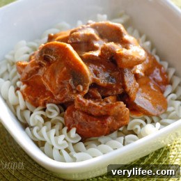 Mom’s Lightened Beef Stroganoff served with noodles