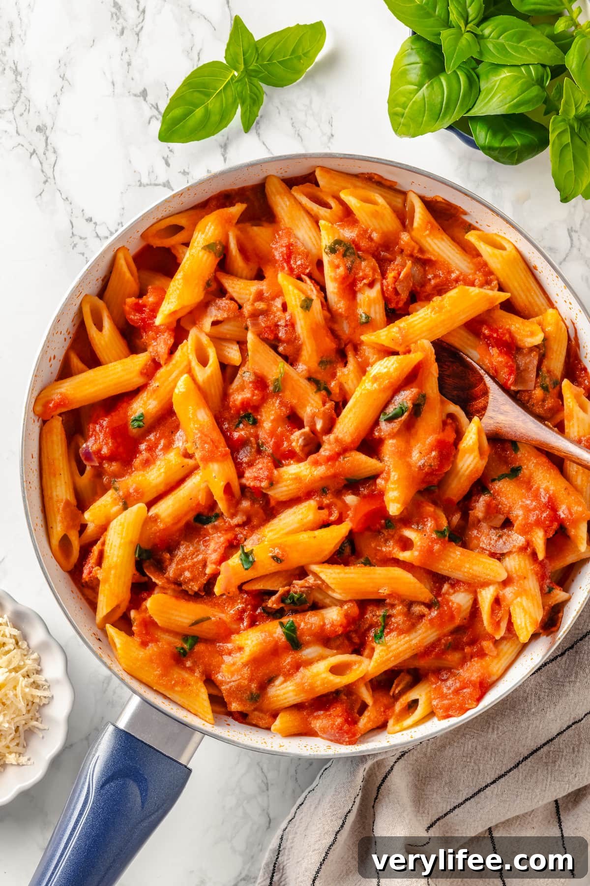 Overhead view of a dish of penne with vodka sauce