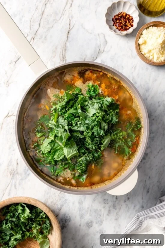 Kale added to pot of white bean soup.