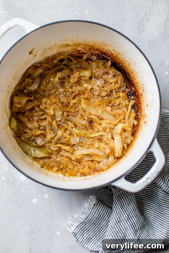 Caramelized onions in a large pot.