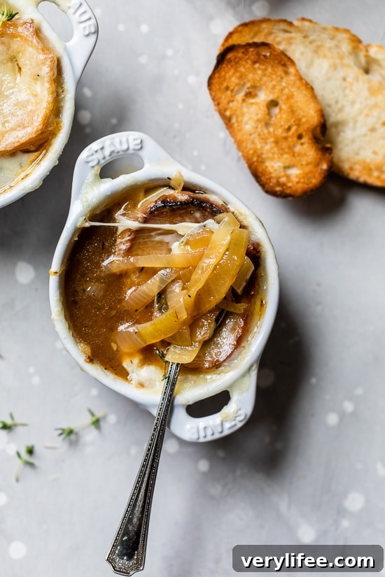 Overhead view of a spoon resting in a bowl of French onion soup.