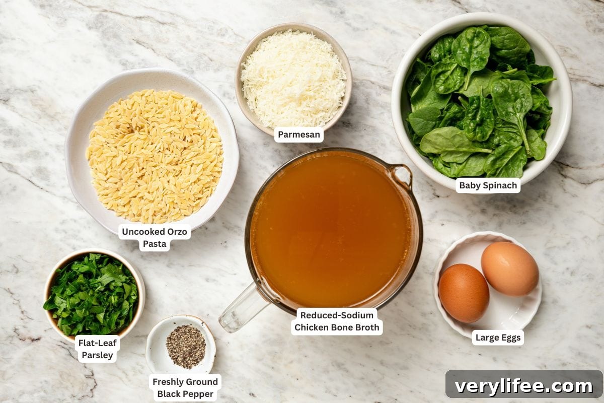 Classic Italian Stracciatella Soup with Spinach and Orzo 4 Ingredients for stracciatella soup with orzo and spinach.