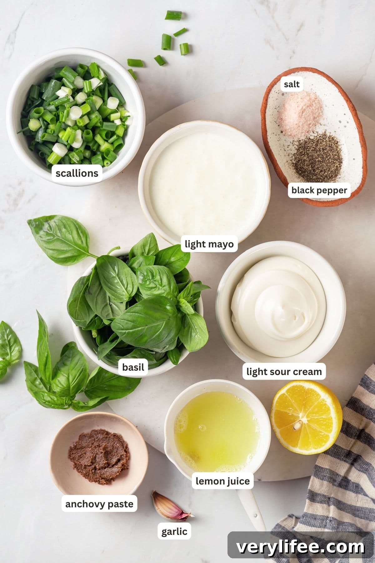 Overhead view of ingredients for basil green goddess dressing with labels