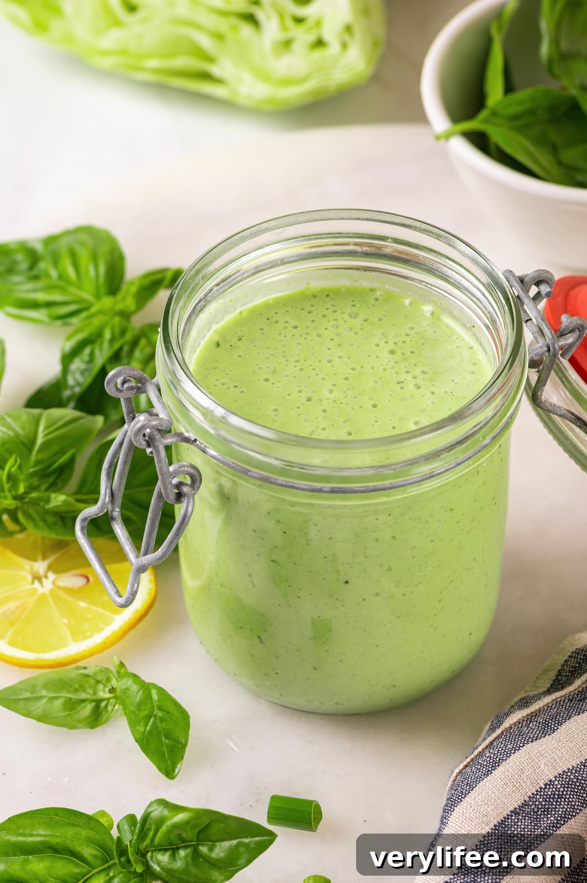 Jar of basil green goddess dressing