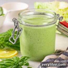 Jar of basil green goddess dressing