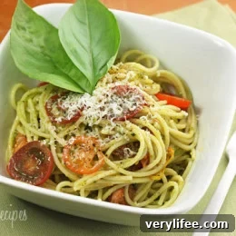 Spaghetti with Garlic Scape Pesto and Tomatoes