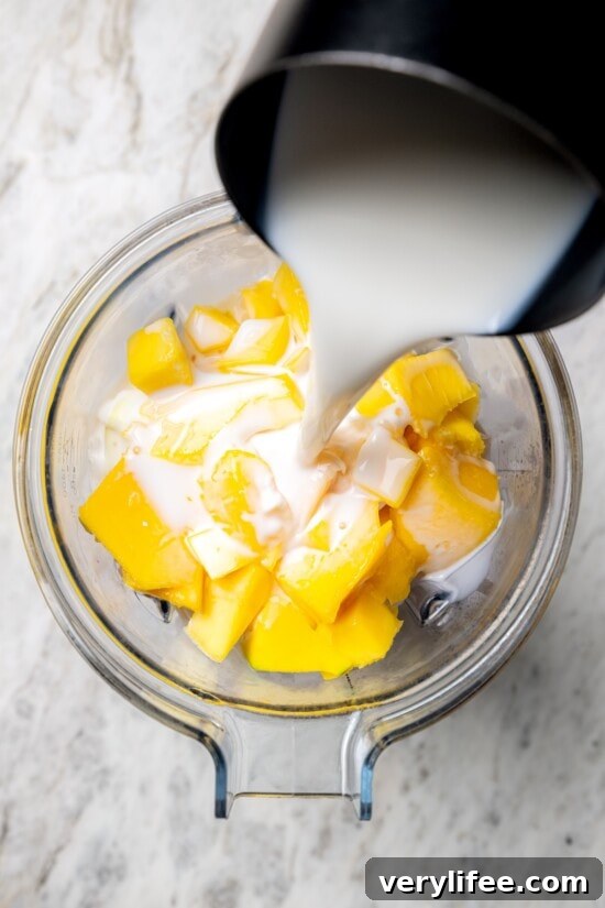 Pouring milk into blender with fresh mango cubes