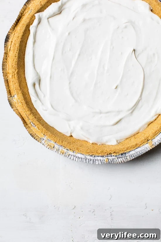 Transfer the filling to the prepared crust Overhead view of no-bake cheesecake filling added to crust