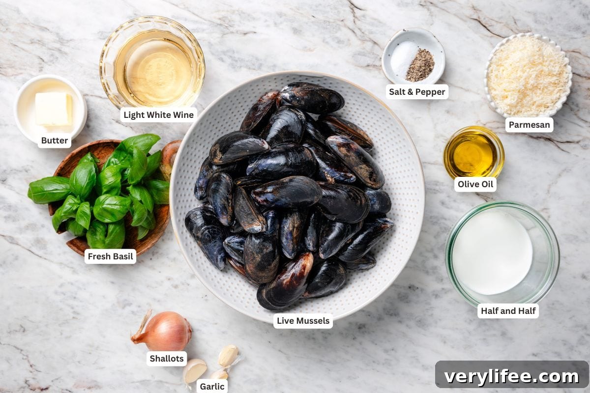 Ingredients for mussels in cream sauce.