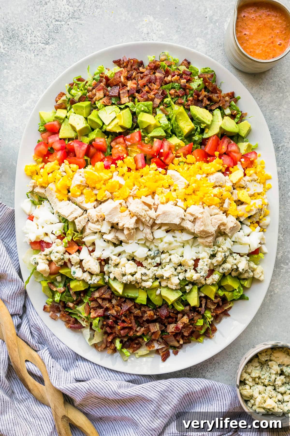 Classic Cobb Salad with red wine tomato vinaigrette Overhead view of Cobb salad with red wine tomato vinaigrette