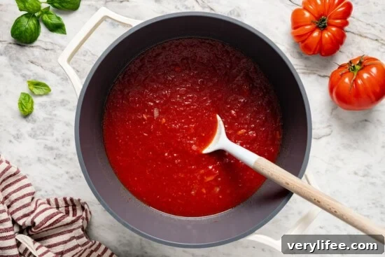 Stirring filetto di pomodoro in pot.