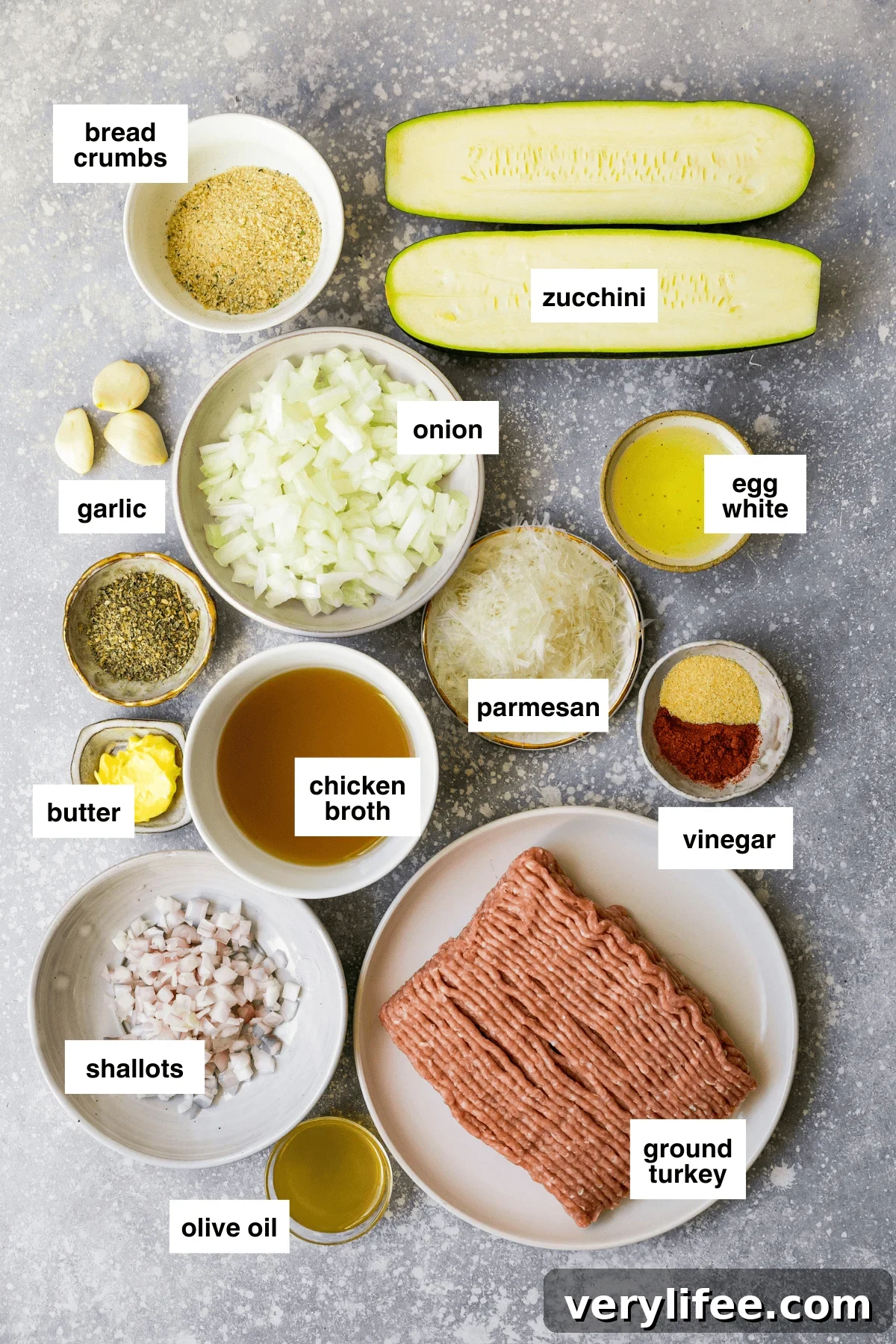 Stuffed Turkey Zucchini ingredients laid out on table.