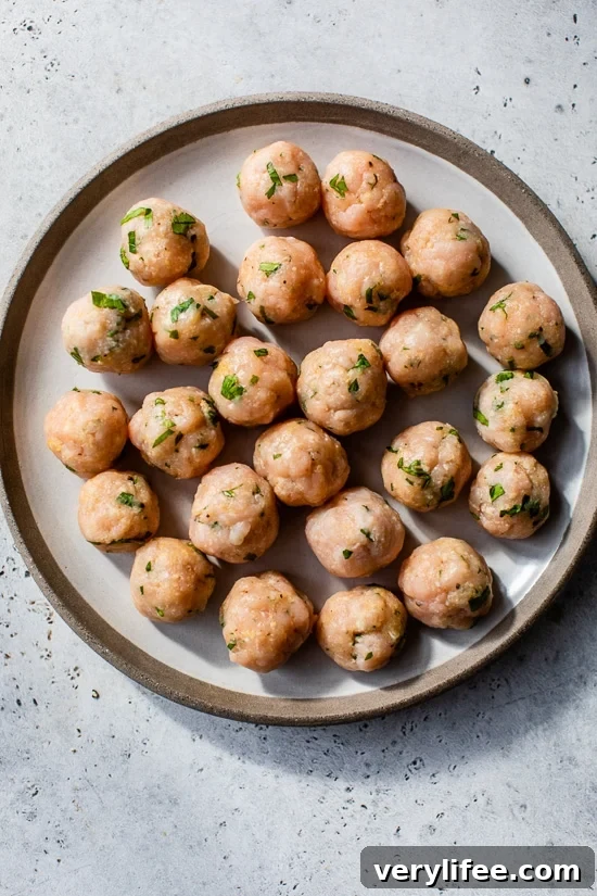 Savory Turkey Meatballs Recipe with Garlic and Herbs 6 Ground turkey meatballs rolled up on a plate.
