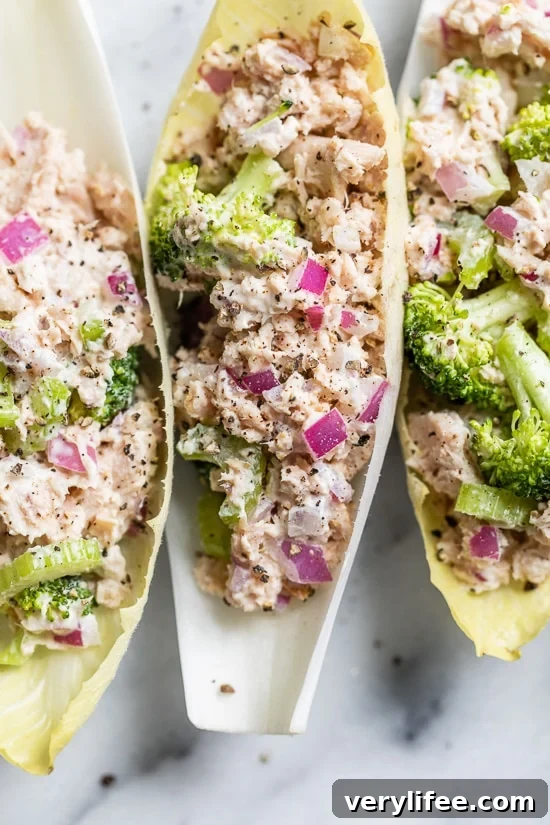 Tuna Salad loaded with veggies served in endive leaves make a quick and easy, low-carb lunch.