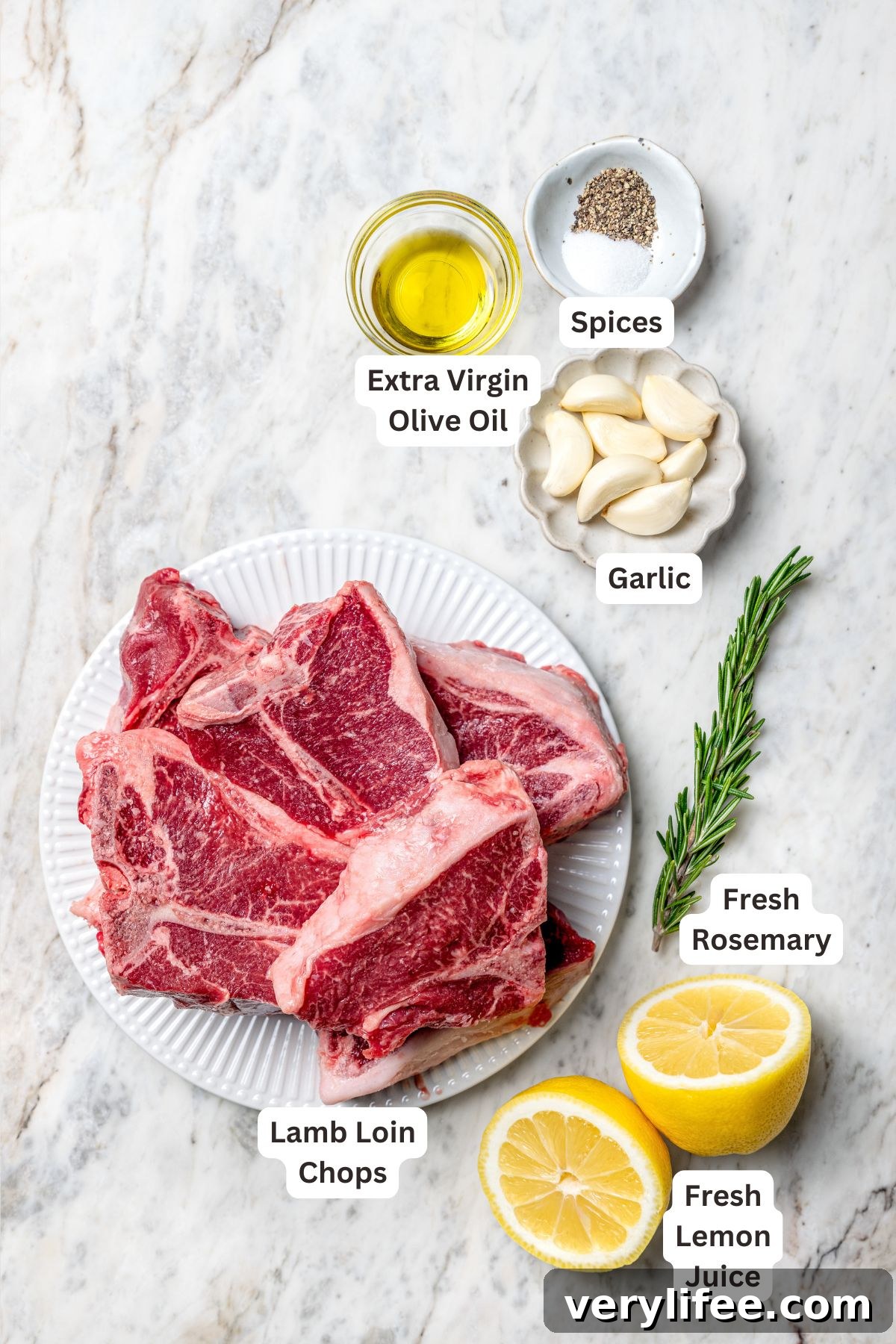 Grilled Rosemary Lamb Chops Recipe with Garlic and Lemon 5 Overhead view of ingredients for grilled lamb chops