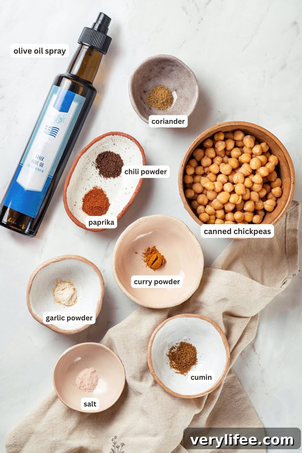Crispy Roasted Chickpeas Recipe 2 Overhead view of ingredients for roasted chickpeas with labels