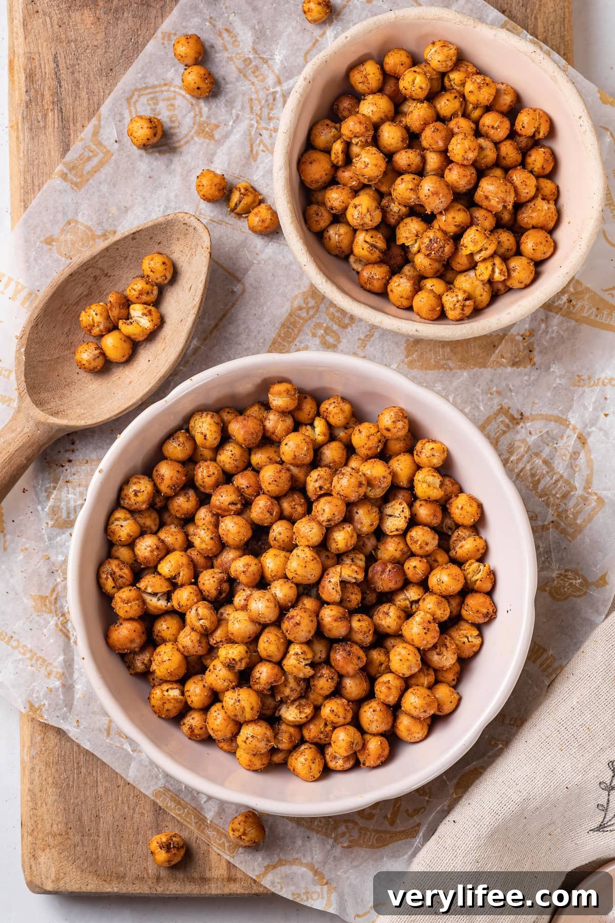 Crispy Roasted Chickpeas Recipe 6 Overhead view of roasted chickpeas in bowls
