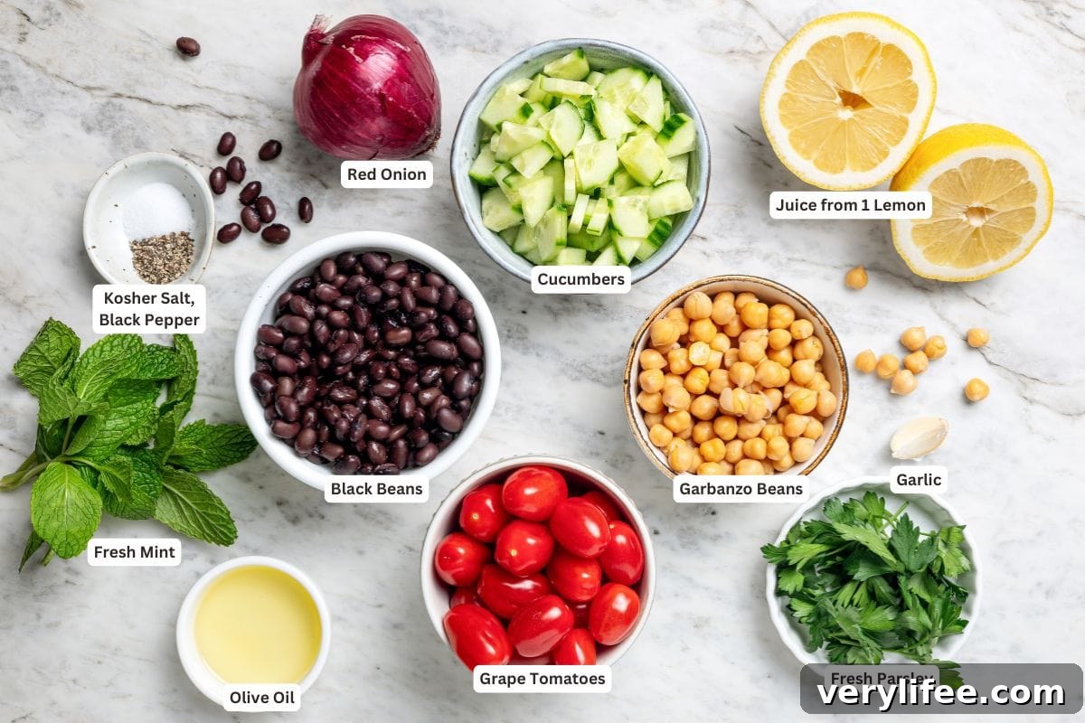 Ingredients for garbanzo bean Mediterranean salad.