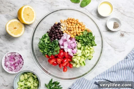 Ingredients for Mediterranean bean salad.