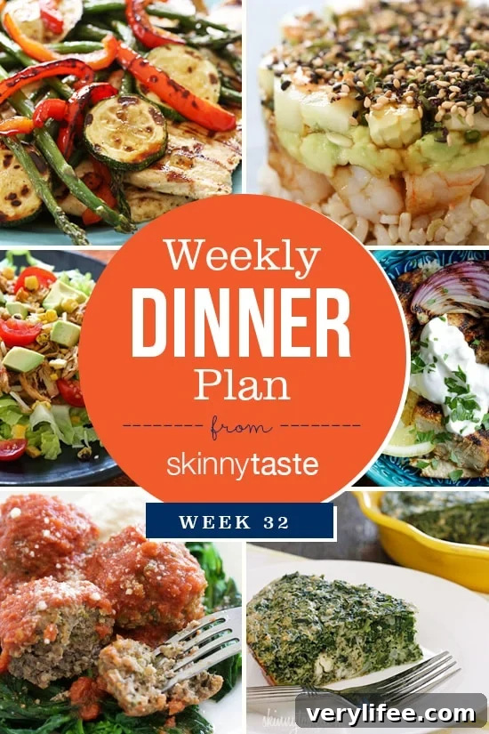A healthy week of dinners planned in the Skinnytaste Meal Planner. Week 32
