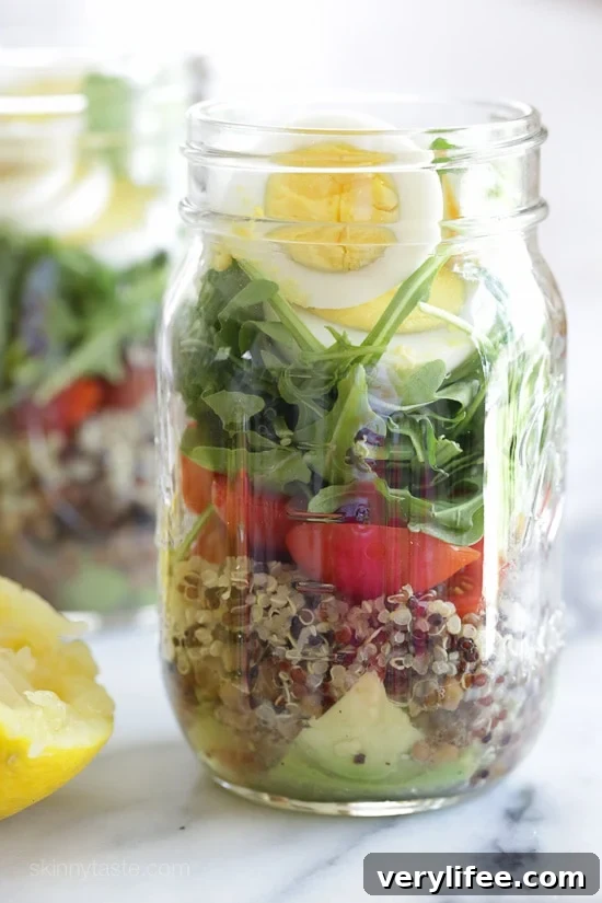 Protein-Packed Egg and Quinoa Salad Jars 2 A protein-packed meatless salad in a jar made with quinoa, lentils, arugula, avocado and hard boiled eggs are perfect to pack for work, the beach, picnics, or anywhere you need a portable lunch on the go.