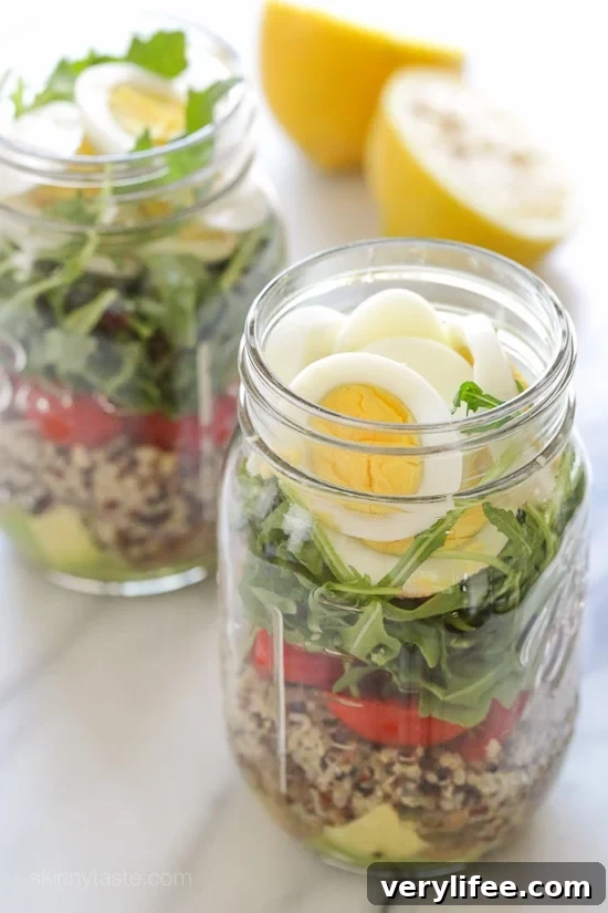 Protein-Packed Egg and Quinoa Salad Jars 4 A protein-packed meatless salad in a jar made with quinoa, lentils, arugula, avocado and hard boiled eggs are perfect to pack for work, the beach, picnics, or anywhere you need a portable lunch on the go.