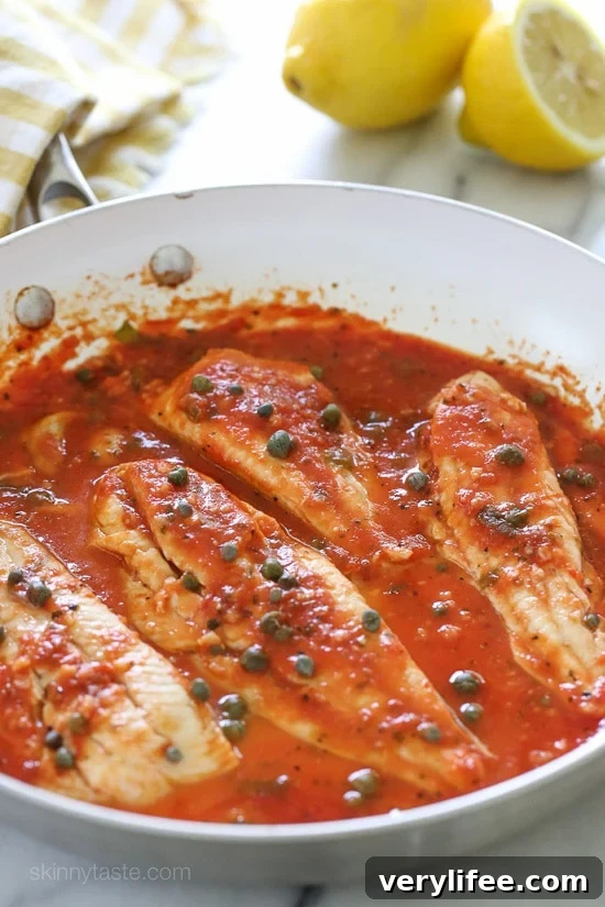 Pan-Seared Fish in Tomato, White Wine and Caper Sauce 2 If you're lucky enough to get your hands on some fresh white fish such as Fluke, Flounder, Halibut, etc., this easy skillet recipe is a must. Takes less than 10 minutes to make and tastes so good!